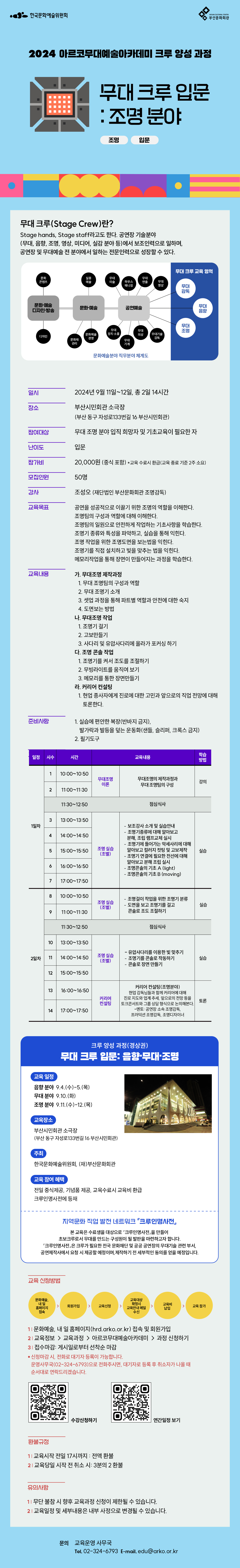 한국문화예술위원회
(재)부산문화회관 

2024 아르코무대예술아카데미 크루 양성 과정
무대 크루 입문: 조명 분야
무대 입문

무대 크루(Stage Crew)란?
Stage hands, Stage staff라고도 한다. 공연장 기술분야(무대, 음향, 조명, 영상, 미디어, 실감 분야 등)에서 보조인력으로 일하며, 공연장 및 무대예술 전 분야에서 일하는 전문인력으로 성장할 수 있다.

-문화∙예술 디자인 ∙방송 : 문화콘텐츠, 디자인
-문화∙예술 : 실용예술, 문화재관리, 문화예술경영
-공연예술 : 무대미술, 하우스매니징, 무대연출, 무대영상, 무대기술감독, 무대의상, 무대기계, 무대장치 소품, (무대감독, 무대음향, 무대조명) → 무대 크루 교육 영역
[문화예술분야 직무분야 체계도]

일시: 2024년 9월 11일~12일, 총 2일 14시간
장소: 부산시민회관 소극장(부산 동구 자성로133번길 16 부산시민회관)
참여대상: 무대 조명 분야 입직 희망자 및 기초교육이 필요한 자
난이도: 입문
참가비: 20,000원 (중식 포함) *교육 수료시 환급(교육 종료 기준 2주 소요)
모집인원: 50명
강사:조성오(재단법인 부산문화회관 조명감독)
교육목표: 
공연을 성공적으로 이끌기 위한 조명의 역할을 이해한다. 
조명팀의 구성과 역할에 대해 이해한다.
조명팀의 일원으로 안전하게 작업하는 기초사항을 학습한다.
조명기 종류와 특성을 파악하고, 실습을 통해 익힌다.
조명 작업을 위한 조명도면을 보는법을 익힌다.
조명기를 직접 설치하고 빛을 맞추는 법을 익힌다.
메모리작업을 통해 장면이 만들어지는 과정을 학습한다.
교육내용
가. 무대조명 제작과정
 1. 무대 조명팀의 구성과 역할
 2. 무대 조명기 소개
 3. 셋업 과정을 통해 파트별 역할과 안전에 대한 숙지
 4. 도면보는 방법
나. 무대조명 작업
 1. 조명기 걸기
 2. 고보만들기
 3. 사다리 및 유압사다리에 올라가 포커싱 하기
다. 조명 콘솔 작업
 1. 조명기를 켜서 조도를 조절하기
 2. 무빙라이트를 움직여 보기
 3. 메모리를 통한 장면만들기
다. 커리어 컨설팅
 1. 현업 종사자에게 진로에 대한 고민과 앞으로의 직업 전망에 대해 토론한다.
준비사항:
1. 실습에 편안한 복장(반바지 금지), 발가락과 발등을 덮는 운동화(샌들, 슬리퍼, 크록스 금지)
2. 필기도구

교육과정 시간표
일정 1일차 
시수 1 
시간 10시~10시50분 
교육내용 무대조명이론 무대조명의 제작과정과 무대 조명팀의 구성 
학습방법 강의
시수 2
시간 11시~11시30분 
교육내용 무대조명이론 무대조명의 제작과정과 무대 조명팀의 구성 
학습방법 강의
11시30분~12시50분 점심식사
시수 3
시간 13시~13시50분 
교육내용 조명 실습(조별)
보조강사 소개 및 실습안내
조명기종류에 대해 알아보고 분해,조립 램프교체 실시
조명기에 들어가는 악세사리에 대해 알아보고 컬러지 컷팅 및 고보제작
조명기 연결에 필요한 전선에 대해 알아보고 분해 조립 실시
조명콘솔의 기초 A (light)
조명콘솔의 기초 B (moving)
학습방법 실습
시수 4
시간 14시~14시50분 
교육내용 조명 실습(조별)
보조강사 소개 및 실습안내
조명기종류에 대해 알아보고 분해,조립 램프교체 실시
조명기에 들어가는 악세사리에 대해 알아보고 컬러지 컷팅 및 고보제작
조명기 연결에 필요한 전선에 대해 알아보고 분해 조립 실시
조명콘솔의 기초 A (light)
조명콘솔의 기초 B (moving)
학습방법 실습
시수 5
시간 15시~15시50분 
교육내용 조명 실습(조별)
보조강사 소개 및 실습안내
조명기종류에 대해 알아보고 분해,조립 램프교체 실시
조명기에 들어가는 악세사리에 대해 알아보고 컬러지 컷팅 및 고보제작
조명기 연결에 필요한 전선에 대해 알아보고 분해 조립 실시
조명콘솔의 기초 A (light)
조명콘솔의 기초 B (moving)
학습방법 실습
시수 6
시간 16시~16시50분 
교육내용 조명 실습(조별)
보조강사 소개 및 실습안내
조명기종류에 대해 알아보고 분해,조립 램프교체 실시
조명기에 들어가는 악세사리에 대해 알아보고 컬러지 컷팅 및 고보제작
조명기 연결에 필요한 전선에 대해 알아보고 분해 조립 실시
조명콘솔의 기초 A (light)
조명콘솔의 기초 B (moving)
학습방법 실습
시수 7
시간 17시~17시50분 
교육내용 조명 실습(조별)
보조강사 소개 및 실습안내
조명기종류에 대해 알아보고 분해,조립 램프교체 실시
조명기에 들어가는 악세사리에 대해 알아보고 컬러지 컷팅 및 고보제작
조명기 연결에 필요한 전선에 대해 알아보고 분해 조립 실시
조명콘솔의 기초 A (light)
조명콘솔의 기초 B (moving)
학습방법 실습


2일차
시수 8
시간 10시~10시50분 
교육내용 조명 실습 
조명걸이 작업을 위한 조명기 분류 
도면을 보고 조명기를 걸고 콘솔로 조도 조절하기
학습방법 실습
시수 9 
시간 11시~11시30분
교육내용 조명 실습 
조명걸이 작업을 위한 조명기 분류
도면의 이해와 조명기 걸기 도면을 보고 조명기를 걸고 콘솔로 조도 조절하기
학습방법 실습
11시30분~12시50분 점심식사
시수 10
시간 13시~13시50분 
교육내용 
빛 맞추기 유압사다리를 이용한 빛 맞추기
조명 콘솔 조명기를 콘솔로 작동하기
콘솔로 장면 만들기
학습방법 실습
시수 11
시간 14시~14시50분 
교육내용 
빛 맞추기 유압사다리를 이용한 빛 맞추기
조명 콘솔 조명기를 콘솔로 작동하기
콘솔로 장면 만들기
학습방법 실습
시수 12
시간 15시~15시50분 
교육내용 
빛 맞추기 유압사다리를 이용한 빛 맞추기
조명 콘솔 조명기를 콘솔로 작동하기
콘솔로 장면 만들기
학습방법 실습
시수 13
시간 16시~16시50분 
교육내용 
커리어 컨설팅
커리어 컨설팅(조명분야)
현업 감독님들과 함께 커리어에 대해 진로 지도와 업계 추세, 앞으로의 전망 등을 토크콘서트와 그룹상담 형식으로 논의해본다.
-멘토진: 공연장 소속 조명감독, 프러덕션 조명감독, 조명디자이너
학습방법 토론
시수 14
시간 17시~17시50분 
교육내용 
커리어 컨설팅
커리어 컨설팅(조명분야)
현업 감독님들과 함께 커리어에 대해 진로 지도와 업계 추세, 앞으로의 전망 등을 토크콘서트와 그룹상담 형식으로 논의해본다.
-멘토진: 공연장 소속 조명감독, 프러덕션 조명감독, 조명디자이너
학습방법 토론


크루 양성 과정(경상권)
무대 크루 입문: 음향·무대·조명
교육 일정
 음향 분야  9월4일(수)-5일(목)
 무대 분야  9월10일(화)
 조명 분야  9월11일(수)-12일(목)
교육장소 
부산시민회관 소극장(부산 동구 자성로133번길 16 부산시민회관)
주최
한국문화예술위원회, (재)부산문화회관
교육 참여 혜택
 전일 중식제공, 기념품 제공, 교육수료시 교육비 환급
 크루인명사전에 등재

지역문화 직업 발전 네트워크 『크루인명사전』
본 교육은 수료생을 대상으로『크루인명사전』을 만들어 초보크루로서 무대를 만드는 구성원이 될 발판을 마련하고자 합니다.
『크루인명사전』은 크루가 필요한 전국 문화재단 및 공공 공연장의 무대기술 관련 부서,공연제작사에서 요청 시 제공할 예정이며,제작하기 전 세부적인 동의를 얻을 예정입니다.

교육 신청방법
문화예술, 내 일 홈페이지 접속-회원가입-교육신청-교육대상 확정시 교육안내 메일 수신- 교육비 납입-교육 참가

1. 문화예술,내 일 홈페이지(hrd.arko.or.kr) 접속 및 회원 가입
2. 교육정보  교육과정  아르코무대예술아카데미  과정 신청하기
3. 접수마감: 게시일부터 선착순 마감
º신청마감 시, 전화로 대기자 등록이 가능합니다.
운영사무국(02-324-6793)으로 전화주시면,대기자로 등록 후 취소자가 나올 때 순서대로 연락드리겠습니다.
수강신청하기(https://hrd.arko.or.kr/course/active/master/list.do) 연간일정보기(https://art-rover.co.kr/arko/yearly/)
환불규정
1. 교육시작 전일 17시까지 : 전액환불
2. 교육당일 시작 전 취소 시 : 3분의 2 환불
유의사항
1. 무단 불참 시 향후 교육과정 신청이 제한될 수 있습니다.
2. 교육일정 및 세부내용은 내부 사정으로 변경될 수 있습니다.
문의 교육운영 사무국
Tel. 02-324-6793
E-mail. edu@arko.or.kr