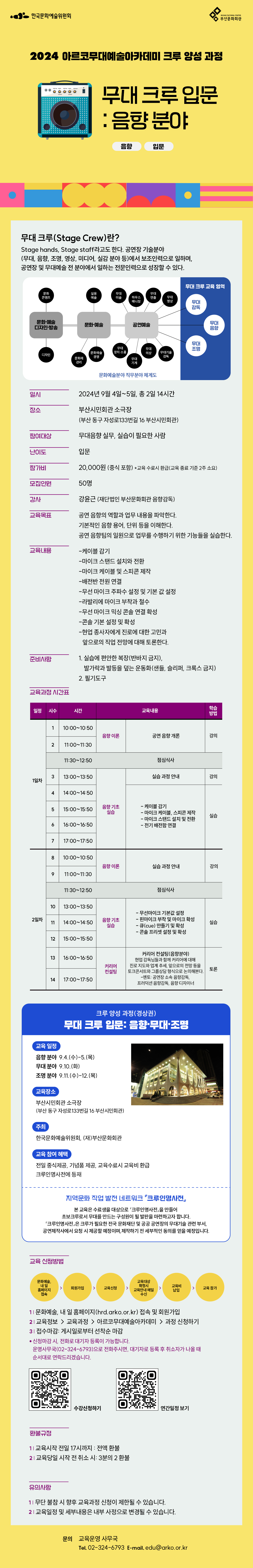 한국문화예술위원회
(재)부산문화회관 

2024 아르코무대예술아카데미 크루 양성 과정
무대 크루 입문: 음향 분야
무대 입문

무대 크루(Stage Crew)란?
Stage hands, Stage staff라고도 한다. 공연장 기술분야(무대, 음향, 조명, 영상, 미디어, 실감 분야 등)에서 보조인력으로 일하며, 공연장 및 무대예술 전 분야에서 일하는 전문인력으로 성장할 수 있다.

-문화∙예술 디자인 ∙방송 : 문화콘텐츠, 디자인
-문화∙예술 : 실용예술, 문화재관리, 문화예술경영
-공연예술 : 무대미술, 하우스매니징, 무대연출, 무대영상, 무대기술감독, 무대의상, 무대기계, 무대장치 소품, (무대감독, 무대음향, 무대조명) → 무대 크루 교육 영역
[문화예술분야 직무분야 체계도]

일시: 2024년 9월 4일~5일, 총 2일 14시간
장소: 부산시민회관 소극장(부산 동구 자성로133번길 16 부산시민회관)
참여대상: 무대음향 실무, 실습이 필요한 사람
난이도: 입문
참가비: 20,000원 (중식 포함) *교육 수료시 환급(교육 종료 기준 2주 소요)
모집인원: 50명
강사:강윤근(재단법인 부산문화회관 음향감독)
교육목표: 
공연 음향의 역할과 업무 내용을 파악한다.
기본적인 음향 용어, 단위 등을 이해한다.
공연 음향팀의 일원으로 업무를 수행하기 위한 기능들을 실습한다.
교육내용:
-케이블 감기
-마이크 스탠드 설치와 전환
-마이크 케이블 및 스피콘 제작 
-배전반 전원 연결
-무선 마이크 주파수 설정 및 기본 값 설정 
-라발리에 마이크 부착과 철수
-무선 마이크 믹싱 콘솔 연결 확성 
-콘솔 기본 설정 및 확성 
-현업 종사자에게 진로에 대한 고민과 앞으로의 직업 전망에 대해 토론한다.
준비사항:
1. 실습에 편안한 복장(반바지 금지), 발가락과 발등을 덮는 운동화(샌들, 슬리퍼, 크록스 금지)
2. 필기도구
교육과정 시간표
일정 1일차 
시수 1 
시간 10시~10시50분 
교육내용 음향 이론 공연 음향 개론
학습방법 강의
시수 2 
시간 11시~11시30분 
교육내용 음향 이론 공연 음향 개론
학습방법 강의
11시30분~12시50분 점심식사
시수 3 
시간 13시~13시50분 
교육내용 실습 과정 안내 
학습방법 강의
시수 4
시간 14시~14시50분 
교육내용 음향 기초 실습 
-케이블 감기
-마이크 케이블, 스피콘 제작
-마이크 스탠드 설치 및 전환
- 전기 배전함 연결 
학습방법 실습
시수 5
시간 15시~15시50분 
교육내용 음향 기초 실습 
-케이블 감기
-마이크 케이블, 스피콘 제작
-마이크 스탠드 설치 및 전환
- 전기 배전함 연결 
학습방법 실습
시수 6
시간 16시~16시50분 
교육내용 음향 기초 실습 
-케이블 감기
-마이크 케이블, 스피콘 제작
-마이크 스탠드 설치 및 전환
- 전기 배전함 연결 
학습방법 실습
시수 7
시간 17시~17시50분 
교육내용 음향 기초 실습 
-케이블 감기
-마이크 케이블, 스피콘 제작
-마이크 스탠드 설치 및 전환
- 전기 배전함 연결 
학습방법 실습

2일차
시수 8  
시간 10시~10시50분 
교육내용 음향 이론 실습 과정 안내 
학습방법 강의
시수 9
시간 11시~11시30분 
교육내용 음향 이론 실습 과정 안내 
학습방법 강의
11시30분~12시50분 점심식사
시수 10
시간 13시~13시50분 
교육내용 음향 기초 실습
- 무선마이크 기본값 설정
- 핀마이크 부착 및 마이크 확성
- 큐(cue) 만들기 및 확성
- 콘솔 프리셋 설정 및 확성 
학습방법 실습
시수 11
시간 14시~14시50분 
교육내용 음향 기초 실습
- 무선마이크 기본값 설정
- 핀마이크 부착 및 마이크 확성
- 큐(cue) 만들기 및 확성
- 콘솔 프리셋 설정 및 확성 
학습방법 실습
시수 12
시간 15시~15시50분 
교육내용 음향 기초 실습
- 무선마이크 기본값 설정
- 핀마이크 부착 및 마이크 확성
- 큐(cue) 만들기 및 확성
- 콘솔 프리셋 설정 및 확성 
학습방법 실습
시수 13
시간 16시~16시50분 
교육내용 커리어 컨설팅
커리어 컨설팅(음향분야)
현업 감독님들과 함께 커리어에 대해 진로 지도와 업계 추세, 앞으로의 전망 등을 토크콘서트와 그룹상담 형식으로 논의해본다.
- 멘토진 : 공연장 소속 음향감독, 프러덕션 음향감독, 음향 디자이너
학습방법 토론
시수 14
시간 17시~17시50분 
교육내용 커리어 컨설팅
커리어 컨설팅(음향분야)
현업 감독님들과 함께 커리어에 대해 진로 지도와 업계 추세, 앞으로의 전망 등을 토크콘서트와 그룹상담 형식으로 논의해본다.
- 멘토진 : 공연장 소속 음향감독, 프러덕션 음향감독, 음향 디자이너
학습방법 토론

크루 양성 과정(경상권)
무대 크루 입문: 음향·무대·조명
교육 일정
 음향 분야  9월4일(수)-5일(목)
 무대 분야  9월10일(화)
 조명 분야  9월11일(수)-12일(목)
교육장소 
부산시민회관 소극장(부산 동구 자성로133번길 16 부산시민회관)
주최
한국문화예술위원회 (재)부산문화회관
교육 참여 혜택
 전일 중식제공, 기념품 제공, 교육수료시 교육비 환급
 크루인명사전에 등재

지역문화 직업 발전 네트워크 『크루인명사전』
본 교육은 수료생을 대상으로『크루인명사전』을 만들어 초보크루로서 무대를 만드는 구성원이 될 발판을 마련하고자 합니다.
『크루인명사전』은 크루가 필요한 전국 문화재단 및 공공 공연장의 무대기술 관련 부서,공연제작사에서 요청 시 제공할 예정이며,제작하기 전 세부적인 동의를 얻을 예정입니다.

교육 신청방법
문화예술, 내 일 홈페이지 접속-회원가입-교육신청-교육대상 확정시 교육안내 메일 수신- 교육비 납입-교육 참가

1. 문화예술,내 일 홈페이지(hrd.arko.or.kr) 접속 및 회원 가입
2. 교육정보  교육과정  아르코무대예술아카데미  과정 신청하기
3. 접수마감: 게시일부터 선착순 마감
º신청마감 시, 전화로 대기자 등록이 가능합니다.
운영사무국(02-324-6793)으로 전화주시면,대기자로 등록 후 취소자가 나올 때 순서대로 연락드리겠습니다.
수강신청하기(https://hrd.arko.or.kr/course/active/master/list.do) 연간일정보기(https://art-rover.co.kr/arko/yearly/)
환불규정
1. 교육시작 전일 17시까지 : 전액환불
2. 교육당일 시작 전 취소 시 : 3분의 2 환불
유의사항
1. 무단 불참 시 향후 교육과정 신청이 제한될 수 있습니다.
2. 교육일정 및 세부내용은 내부 사정으로 변경될 수 있습니다.
문의 교육운영 사무국
Tel. 02-324-6793
E-mail. edu@arko.or.kr