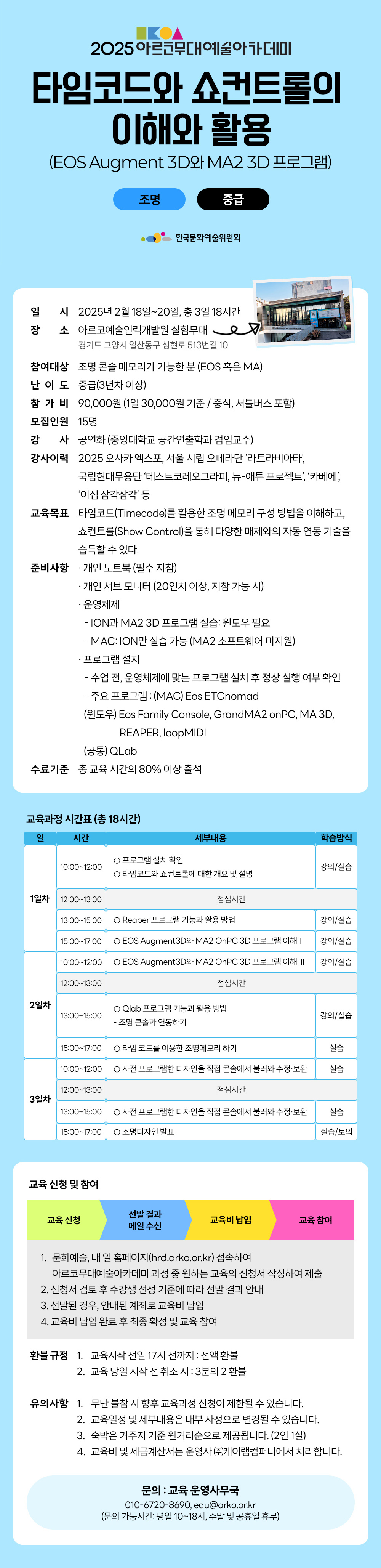 2025 아르코무대예술아카데미 타임코드와 쇼컨트롤의 이해와 활용 (EOS Augment 3D와 MA2 3D 프로그램) 조명 중급 한국문화예술위원회 일시 2025년 2월 18일~20일, 총 3일 18시간 장소 아르코예술인력개발원 실험무대 경기도 고양시 일산동구 성현로 513번길 10 참여대상 조명 콘솔 메모리가 가능한 분 (EOS 혹은 MA) 난 이 도 중급(3년차이상) 참가비 90,000원 (1일 30,000원 기준 / 중식, 셔틀버스 포함) 모집인원 15명 강 사 공연화(중앙대학교 공간연출학과 겸임교수) 강사이력 2025 오사카 엑스포, 서울시립 오페라단 라트라비아타, 국립현대무용단 테스트코레오그라피, 뉴-애튜 프로젝트, 카베에, 이십삼각삼각 등 교육목표 타임코드(Timecode)를 활용한 조명 메모리 구성 방법을 이해하고, 쇼컨트롤(Show Control)을 통해 다양한 매체와의 자동 연동 기술을 습득할 수 있다. 준비사항 ᆞ개인 노트북 (필수 지참) ᆞ개인 서브 모니터 (20인치 이상, 지참 가능 시) ᆞ운영체제 -ION과 MA2 3D 프로그램 실습: 윈도우 필요 - MAC: ION만 실습 가능 (MA2 소프트웨어 미지원) 프로그램 설치 - 수업 전, 운영체제에 맞는 프로그램 설치 후 정상 실행 여부 확인 - 주요 프로그램 : (MAC) Eos ETCnomad (윈도우) Eos Family Console, GrandMA2 onPC, MA 3D, REAPER, loopMIDI (공통) OLab 수료기준 총 교육시간의 80% 이상 출석 교육과정 시간표 (총 18시간) 일 시간 세부내용 학습방식 1일차 10:00-12:00 프로그램 설치 확인 타임코드와 쇼컨트롤에 대한 개요 및 설명 강의/실습 12:00-13:00 점심시간 13:00-15:00 Reaper 프로그램 기능과 활용 방법 강의/실습 15:00-17:00 EOS Augment3D와 MA2 OnPC 3D 프로그램 이해 강의/실습 2일차 10:00-12:00 EOS Augment3D와 MA2 OnPC 3D 프로그램 이해 II 강의/실습 12:00-13:00 점심시간 13:00-15:00 Qlab 프로그램 기능과 활용 방법 - 조명 콘솔과 연동하기 강의/실습 15:00-17:00 타임 코드를 이용한 조명메모리 하기 실습 3일차 10:00-12:00 사전 프로그램한 디자인을 직접 콘솔에서 불러와 수정·보완 실습 12:00-13:00 점심시간 13:00-15:00 사전 프로그램한 디자인을 직접 콘솔에서 불러와 수정·보완 실습 15:00-17:00 조명디자인 발표 실습/토의 교육 신청 및 참여 교육 신청 선발 결과 메일 수신 교육비 납입 교육 참여 1. 문화예술, 내일 홈페이지(hrd.arko.or.kr) 접속하여 아르코무대예술아카데미 과정 중 원하는 교육의 신청서 작성하여 제출 2. 신청서 검토 후 수강생 선정 기준에 따라 선발 결과 안내 3. 선발된 경우, 안내된 계좌로 교육비 납입 4. 교육비 납입 완료 후 최종 확정 및 교육 참여 환불규정 1. 교육시작 전일 17시 전까지 : 전액 환불 2. 교육 당일 시작 전 취소 시 : 3분의2 환불 유의사항 1. 무단 불참 시 향후 교육과정 신청이 제한될 수 있습니다. 2. 교육일정 및 세부내용은 내부 사정으로 변경될 수 있습니다. 3. 숙박은 거주지 기준 원거리순으로 제공됩니다. (2인1실) 4. 교육비 및 세금계산서는 운영사((주)케이랩컴퍼니에서 처리합니다. 문의 : 교육 운영사무국 010-6720-8690, edu@arko.or.kr (문의 가능시간: 평일 10~18시, 주말 및 공휴일 휴무)