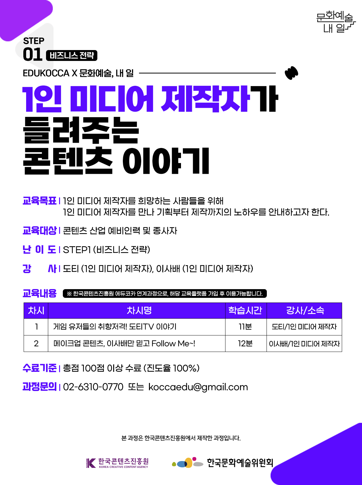 STEP01 비즈니스 전략, EDUKOCCAX문화예술, 내 일. 1인 미디어 제작자가 들려주는 콘텐츠 이야기. 교육목표-1인 미디어 제작자를 희망하는 사람들을 위해 1인 미디어 제작자를 만나 기획부터 제작까지의 노하우를 안내하고자 한다. 교육대상-콘텐츠 산업 예비인력 및 종사자. 난이도-STEP1(비즈니스 전략) 강사-도티(1인 미디어 제작자), 이사배(1인 미디어 제작자), 교육내용 *한국콘텐츠진흥원 에듀코카 연계과정으로, 해당 교육플랫폼 가입 후 이용가능합니다. 차시 1. 차시명-게임 유저들의 취향저격! 도티TV 이야기 학습시간-11분 강사/소속-도티(1인 미디어 제작자). 차시 2. 차시명-메이크업 콘텐츠, 이사배만 믿고 Follow Me~! 학습시간-12분 강사/소속-이사배(1인 미디어 제작자) 수료기준-총점 100점 이상 수료 (진도율 100%). 과정문의-02-6310-0770 또는 koccaedu@gamil.com 본 과정은 한국콘텐츠진흥원에서 제작한 과정입니다. 한국콘텐츠진흥원, 한국문화예술위원회 