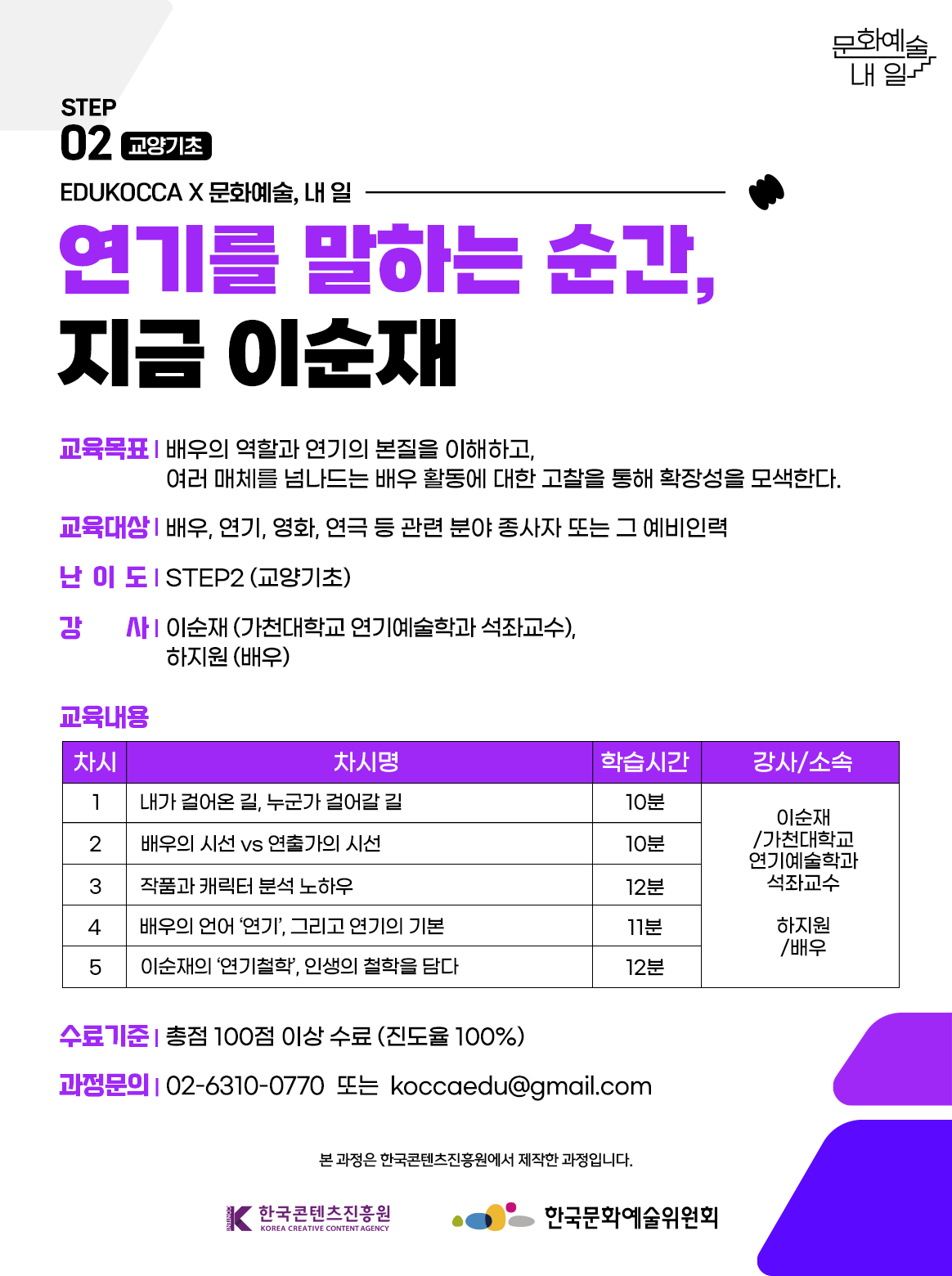 STEP02 교양기초, EDUKOCCAX문화예술, 내 일. 연기를 말하는 순간, 지금 이순재. 교육목표-배우의 역할과 연기의 본질을 이해하고, 여러 매체를 넘나드는 배우 활동에 대한 고찰을 통해 확장성을 모색한다. 교육대상-배우, 연기, 영화, 연극 등 관련 분야 종사자 또는그 예비인력. 난이도-STEP2(교양기초) 강사-이순재(가천대학교 연기예술학과 석좌교수), 하지원(배우) 교육내용 - 차시 1.내가 걸어온 길, 누군가 걸어갈 길 학습시간 10분 강사/소속-이순재/가천대학교 연기예술학과 석좌교수, 하지원/배우. 차시 2. 배우의 시선vs연출가의 시선 학습시간 10분 강사/소속-이순재/가천대학교 연기예술학과 석좌교수, 하지원/배우. 차시 3. 작품과 캐릭터 분석 노하우 학습시간 12분 강사/소속-이순재/가천대학교 연기예술학과 석좌교수, 하지원/배우. 차시 4. 배우의 언어 연기, 그리고 연기의 기본 학습시간 11분 강사/소속-이순재/가천대학교 연기예술학과 석좌교수, 하지원/배우. 차시 5. 이순재의 연기철학, 인생의 철학을 담다 학습시간 12분 강사/소속-이순재/가천대학교 연기예술학과 석좌교수, 하지원/배우. 수료기준-총점 100점 이상 수료 (진도율 100%). 과정문의-02-6310-0770 또는 koccaedu@gamil.com 본 과정은 한국콘텐츠진흥원에서 제작한 과정입니다. 한국콘텐츠진흥원, 한국문화예술위원회
