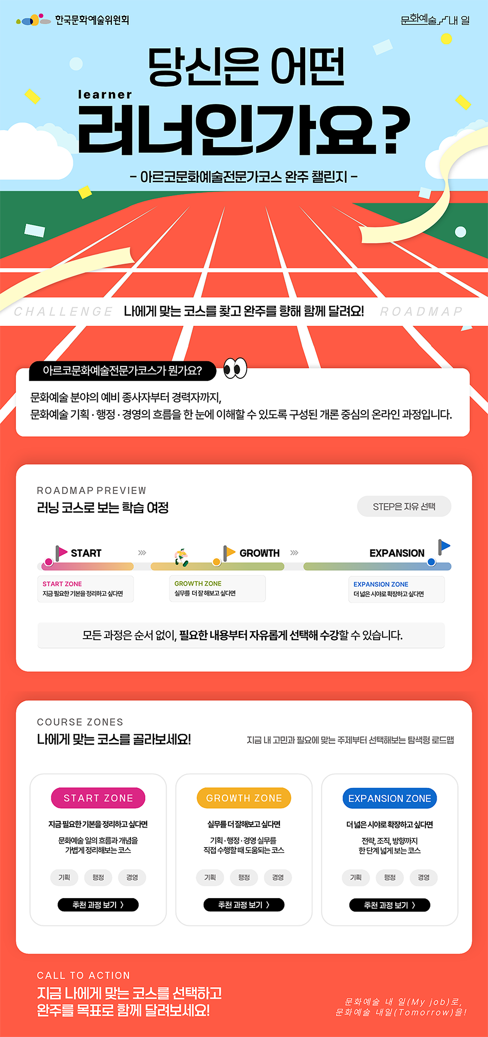 한국문화예술위원회 문화예술 내 일. 당신은 어떤 러너(learner)인가요? 아르코문화예술전문가코스 완주 챌린지. 나에게 맞는 코스를 찾고 완주를 향해 함께 달려요! 아르코문화예술전문가코스가 뭔가요? 문화예술 분야의 예비 종사자부터 경력자까지, 문화예술 기획, 행정, 경영의 흐름을 한 눈에 이해할 수 있도록 구성된 개론 중심의 온라인 과정입니다. (ROADMAP PREVIEW) 러닝 코스로 보는 학습 여정 (STEP은 자유 선택) START ZONE-지금 필요한 기본을 정리하고 싶다면. GROWTH ZONE-실무를 더 잘 해보고 싶다면. EXPANSION ZONE - 더 넓은 시야로 확장하고 싶다면. 모든 과정은 순서 없이, 필요한 내용부터 자유롭게 선택해 수강할 수 있습니다. (COURSE ZONES) 나에게 맞는 코스를 골라보세요! 지금 내 고민과 필요에 맞는 주제부터 선택해보는 탐색형 로드맵. START ZONE-지금 필요한 기본을 정리하고 싶다면. 문화예술 일의 흐름과 개념을 가볍게 정리해보는 코스. 해시태그 기획, 행정, 경영. 추천 과정 보기 버튼. GROWTH ZONE-실무를 더 잘해보고 싶다면. 기획, 행정, 경영 실무를 직접 수행할 때 도움되는 코스. 해시태그 기획, 행정, 경영. 추천 과정 보기 버튼. EXPANSION ZONE-더 넓은 시야로 확장하고 싶다면. 전략, 조직, 방향까지 한 단계 넓게 보는 코스. 해시태그 기획, 행정, 경영. 추천 과정 보기 버튼. (CALL TO ACTION) 지금 나에게 맞는 코스를 선택하고 완주를 목표로 함께 달려보세요! 문화예술 내 일(My job)로, 문화예술 내일(Tomorrow)를!
