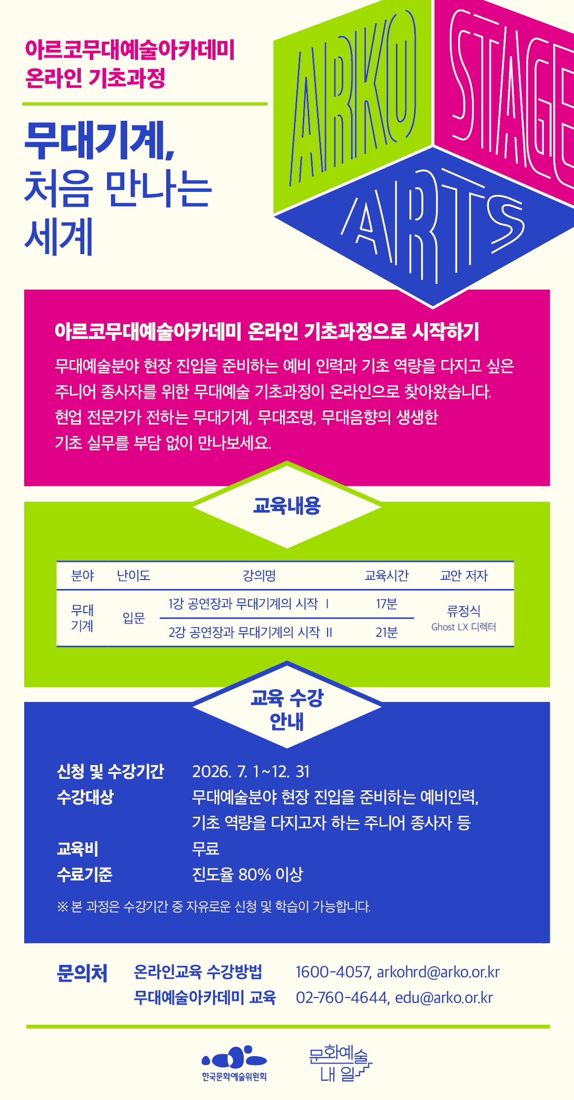 2026 아르코무대예술아카데미 온라인 기초과정 오픈

무대기계, 처음 만나는 세계, 아르코무대예술아카데미 온라인 기초과정으로 시작하기
무대예술분야 현장 진입을 준비하는 예비 인력과 기초 역량을 다지고 싶은 주니어 종사자를 위한
무대예술 기초과정이 온라인으로 찾아왔습니다. 현업 전문가가 전하는 무대기계, 무대조명, 무대음향의 생생한 기초 실무를 부담 없이 만나보세요.

무대기계 교육 프로그램은 입문 과정으로 ‘공연장과 무대기계의 시작 Ⅰ’ 17분, ‘공연장과 무대기계의 시작 Ⅱ’ 21분 강의가 운영되며, 교안 저자는 류정식 Ghost LX 디렉터입니다.

온라인 교육 수강안내입니다.
수강기간은 2026년 7월 1일 수요일부터 12월 31일 목요일까지이며, 수강기간 내 자유롭게 신청하고 학습할 수 있습니다. 수강대상은 무대예술분야 현장 진입을 준비하는 예비인력과 기초 역량을 다지고자 하는 주니어 종사자 등입니다. 교육비는 무료입니다. 수료기준은 진도율 80%이상 이수 시 충족됩니다.

문의처는 온라인교육 수강방법 1600-4057 또는 arkohrd@arko.or.kr, 무대예술아카데미 02-760-4644 또는 edu@arko.or.kr입니다.

주최 기관 로고로 한국문화예술위원회와 문화예술내일 로고가 포함되어 있습니다.