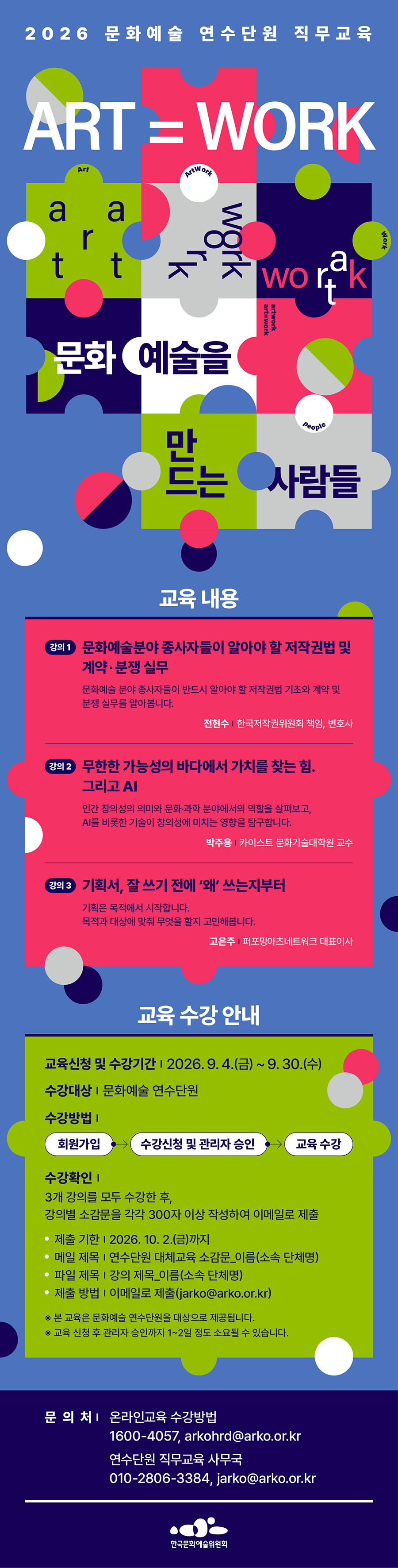 2026 문화예술 연수단원 직무교육 ART=WORK 문화예술을 만드는 사람들. 교육 내용 강의 1. 문화예술분야 종사자들이 알아야 할 저작권법 및 계약·분쟁 실무-문화예술 분야 종사자들이 반드시 알아야 할 저작권법 기초와 계약 및 분쟁 실무를 알아봅니다. 강사 전현수 | 한국저작권위원회 책임, 변호사. 강의 2. 무한한 가능성의 바다에서 가치를 찾는 힘. 그리고 AI-인간 창의성의 의미와 문화·과학 분야에서의 역할을 살펴보고, AI를 비롯한 기술이 창의성에 미치는 영향을 탐구합니다. 강사 박주용 | 카이스트 문화기술대학원 교수. 강의 3. 기획서, 잘 쓰기 전에 왜 쓰는지부터-기획은 목적에서 시작합니다. 목적과 대상에 맞춰 무엇을 할지 고민해봅니다. 강사 고은주 | 퍼포밍아츠네트워크 대표이사. 교육 수강 안내. 교육신청 및 수강기간 | 2026.9.4.(금)~9.30.(수). 수강대상 | 문화예술 연수단원. 수강방법 | 회원가입 수강신청 및 관리자 승인 교육 수강. 수강 확인 | 3개 강의를 모두 수강한 후, 강의별 소감문을 각각 300자 이상 작성하여 이메일로 제출. -제출 기한 | 2026.10.2.(금)까지 -메일 제목 | 연수단원 대체 교육 소감문_이름(소속 단체명) -파일 제목 | 강의 제목_이름(소속 단체명) -제출 방법 | 이메일로 제출(jarko@arko.or.kr) *본 교육은 문화예술 연수단원을 대상으로 제공됩니다. *교육 신청 후 관리자 승인까지 1~2일 정도 소요될 수 있습니다. 문의처 | 온라인교육 수강방법 1600-4057, arkohrd@arko.or.kr. 연수단원 직무교육 사무국 010-2806-3384, jarko@arko.or.kr 한국문화예술위원회
