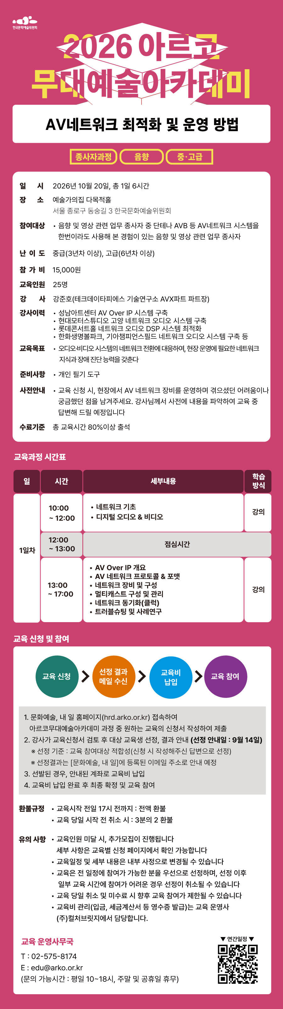 한국문화예술위원회 AV네트워크 최적화 및 운영 방법 종사자과정 음향 중·고급 일시 2026년 10월 20일, 총 1일 6시간 장소 예술가의집 다목적홀 서울 종로구 동숭길 3 한국문화예술위원회 참여대상 음향 및 영상 관련 업무 종사자 중 단테나 AVB 등 AV네트워크 시스템을 한번이라도 사용해 본 경험이 있는 음향 및 영상 관련 업무 종사자 난이도 중급(3년차 이상), 고급(6년차 이상) 참가비 15,000원 교육인원 25명 강사 강준호(테크데이타피에스 기술연구소 AVX파트 파트장) 강사이력 성남아트센터 AV Over IP 시스템 구축 현대모터스튜디오 고양 네트워크 오디오 시스템 구축 롯데콘서트홀 네트워크 오디오 DSP 시스템 최적화 한화생명볼파크, 기아챔피언스필드 네트워크 오디오 시스템 구축 등 교육목표 오디오·비디오 시스템의 네트워크 전환에 대응하여, 현장 운영에 필요한 네트워크 지식과 장애 진단 능력을 갖춘다 준비사항 개인 필기 도구 사전안내 교육 신청 시, 현장에서 AV 네트워크 장비를 운영하며 겪으셨던 어려움이나 궁금했던 점을 남겨주세요. 강사님께서 사전에 내용을 파악하여 교육 중 답변해 드릴 예정입니다 수료기준 총 교육시간 80%이상 출석 교육과정 시간표 일 시간 세부내용 학습방식 1일차 10:00~12:00 네트워크 기초 디지털 오디오 & 비디오 강의 12:00~13:00 점심시간 13:00~15:00 AV Over IP 개요 AV 네트워크 프로토콜 & 포맷 네트워크 장비 및 구성 멀티캐스트 구성 및 관리 네트워크 동기화(클럭) 트러블슈팅 및 사례연구 강의 교육 신청 및 참여 교육신청 선정 결과 메일 수신 교육비 납입 교육 참여 1. 문화예술, 내 일 홈페이지 (hrd.arko.or.kr) 접속하여 아르코무대예술아카데미 과정 중 원하는 교육의 신청서 작성하여 제출 2. 강사가 교육신청서 검토 후 대상 교육생 선정, 결과 안내(선정 안내일 : 9월 14일) *선정 기준 : 교육 참여대상 적합성(신청 시 작성해주신 답변으로 선정) *선정결과는 [문화예술, 내 일]에 등록된 이메일 주소로 안내 예정 3. 선발된 경우, 안내된 계좌로 교육비 납입 4. 교육비 납입 완료 후 최종 확정 및 교육 참여 환불 규정 교육시작 전일 17시 전까지 : 전액환불 교육 당일 시작 전 취소 시 : 3분의 2 환불 유의사항 교육인원 미달 시, 추가모집이 진행됩니다 세부 사항은 교육별 신청 페이지에서 확인 가능합니다 교육일정 및 세부 내용은 내부 사정으로 변경될 수 있습니다 교육은 전 일정에 참여가 가능한 분을 우선으로 선정하며, 선정 이후 일부 교육 시간에 참여가 어려운 경우 선정이 취소될 수 있습니다 교육 당일 취소 및 미수료 시 향후 교육 참여가 제한될 수 있습니다 교육비 관리(입금, 세금계산서 등 영수증 발급)는 교육 운영사 (주)컬쳐브릿지에서 담당합니다 교육 운영사무국 T : 02-575-8174 E : edu@arko.or.kr (문의 가능시간 : 평일 10~18시, 주말 및 공휴일 휴무) 연간일정
